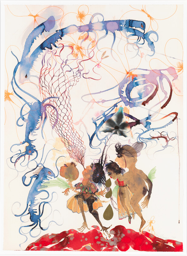 Three childlike figures gaze upward at swirling blue sea creatures and a floating net.