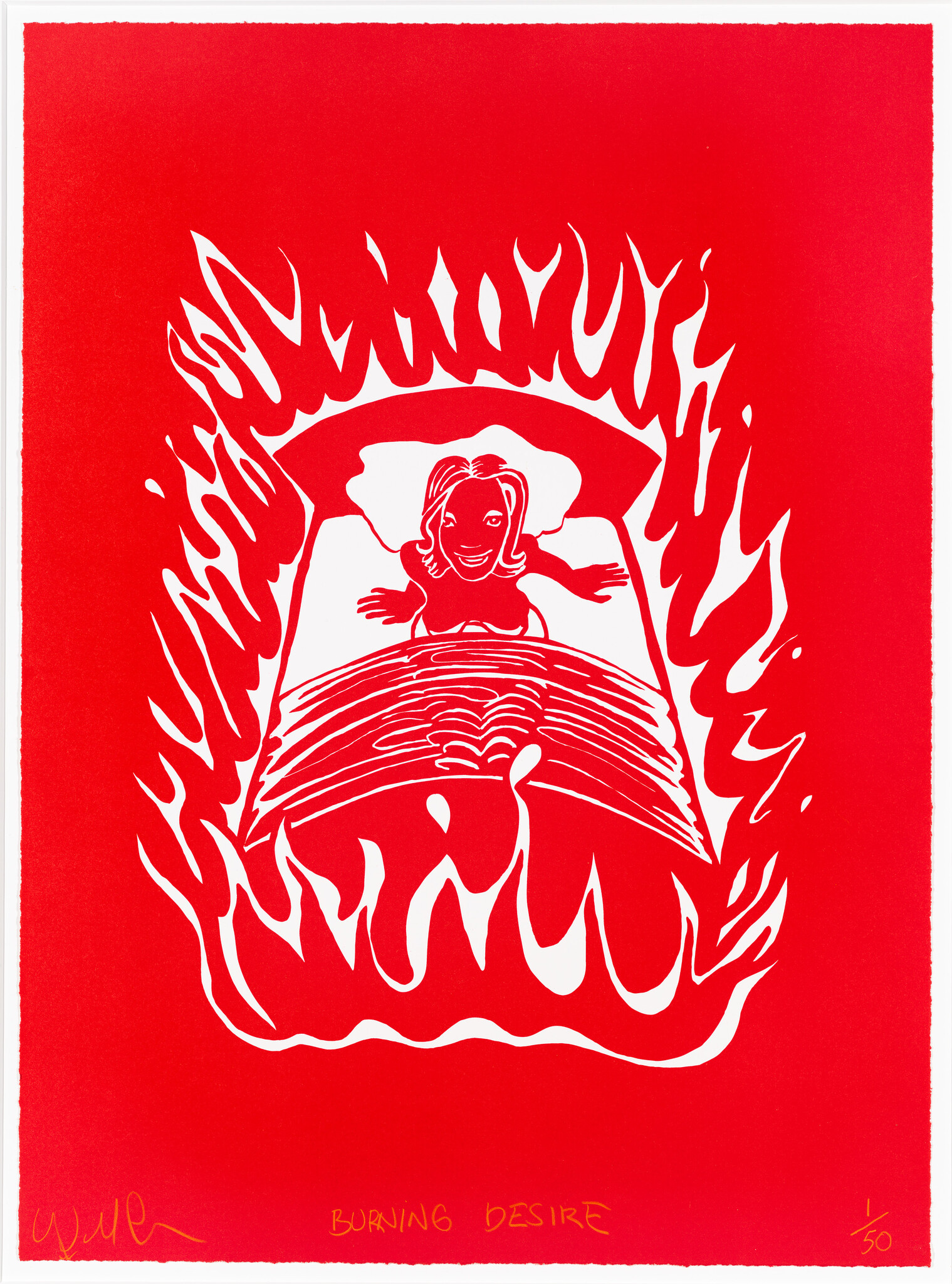 Person lying in bed smiling as flames surround the mattress, titled "Burning Desire."