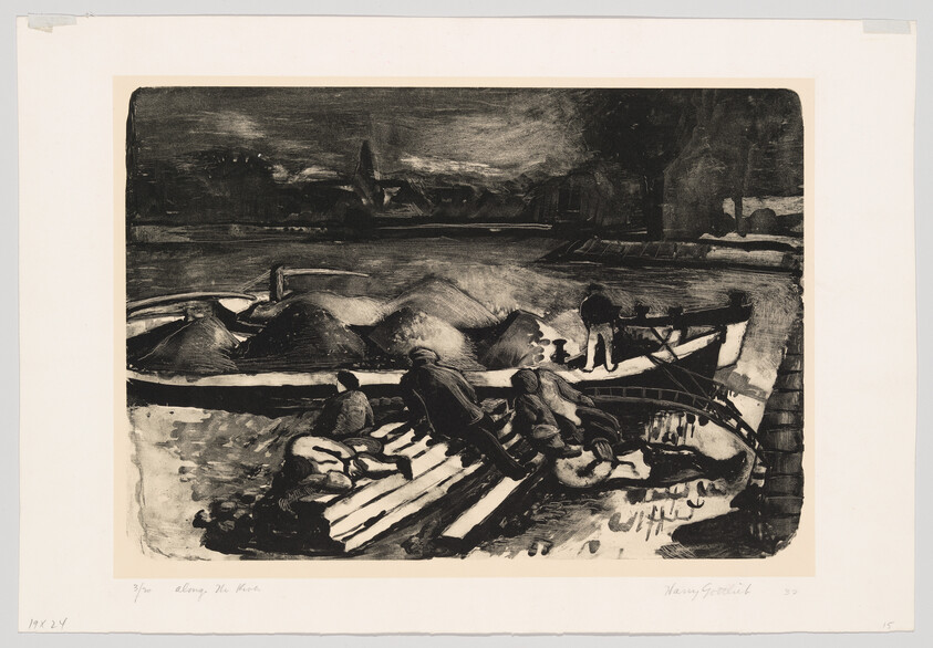 Dock workers unload heavy sacks from a small boat onto a wooden pier at night.