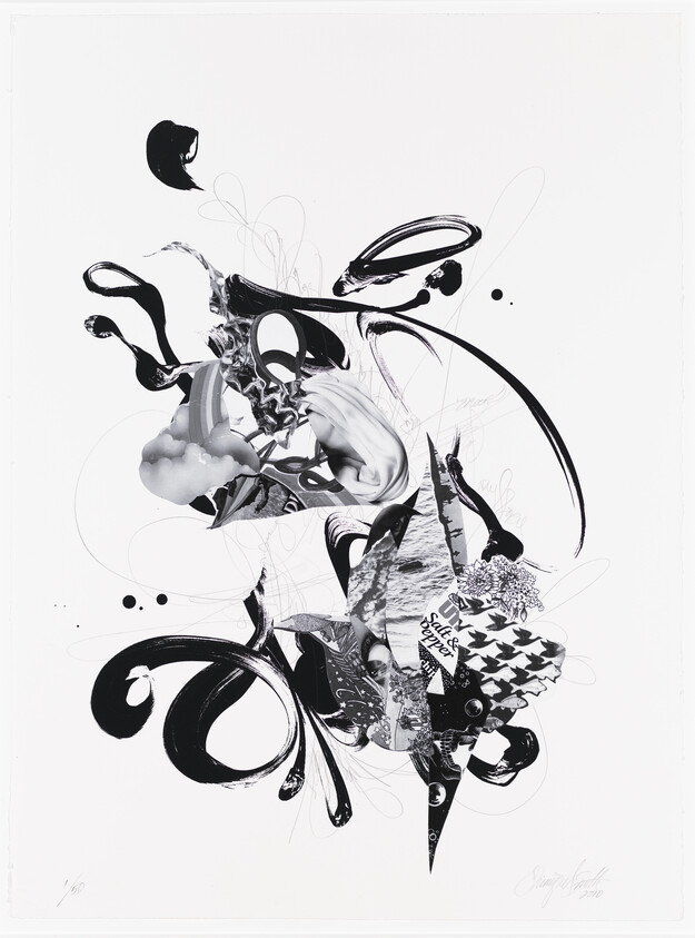 Abstract black and white artwork with dynamic swirls and fragmented images on a white background.