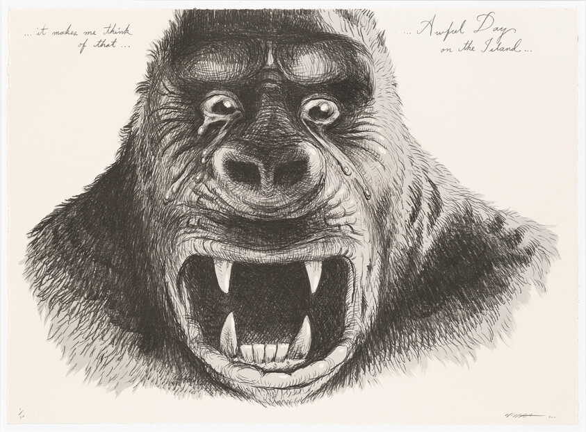 A large gorilla head screams with tears streaming from its eyes and bared fangs.
