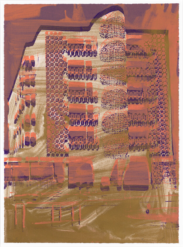 A stylized multi-story building with rounded balconies and patterned facade in warm colors.