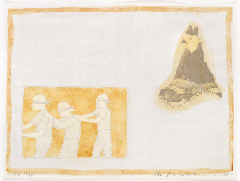 Three blindfolded people walking in a line holding each other's shoulders beside a perched bird figure.