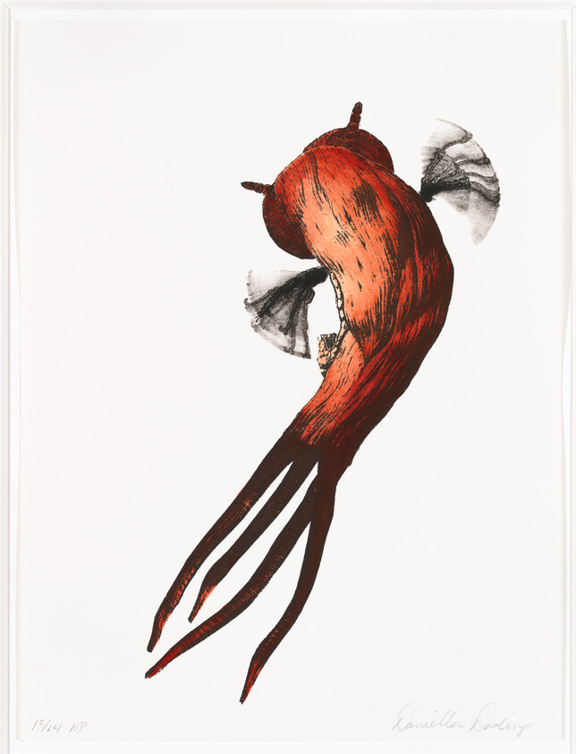A red squid-like creature with long tentacles and small fin-like wings against a white background.