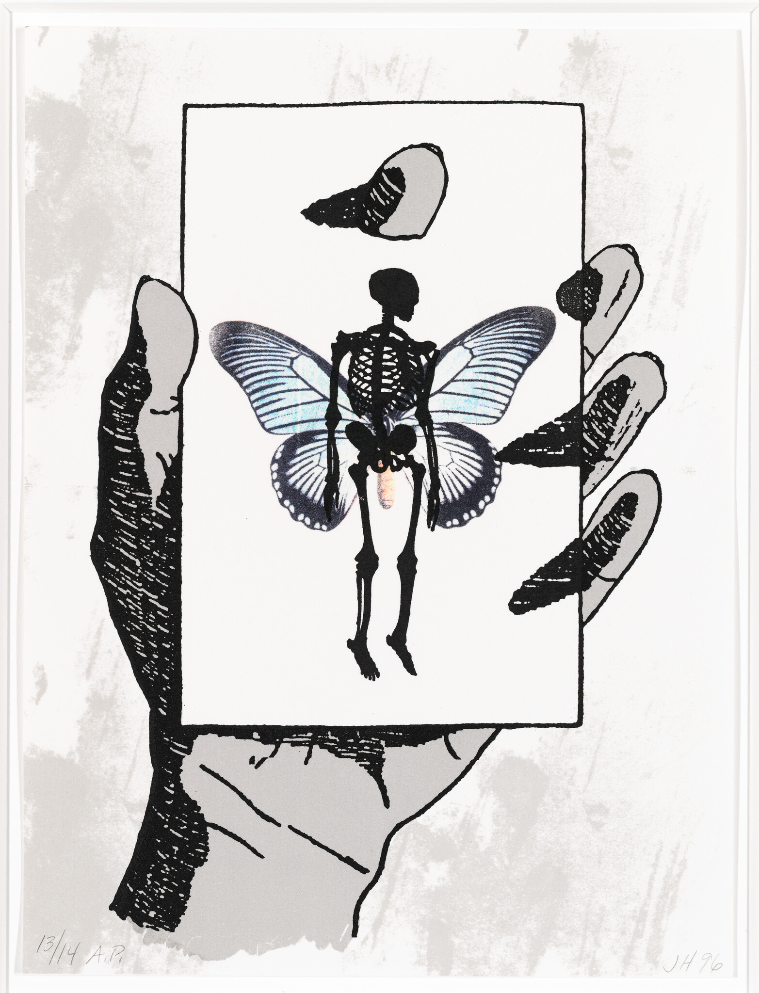 A hand holds a card showing a small human skeleton with butterfly wings.