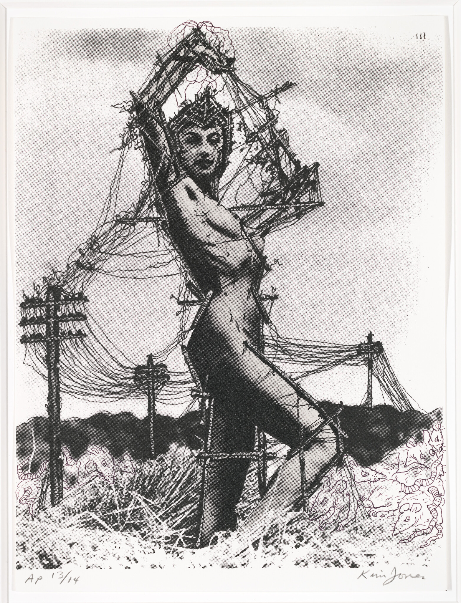 Nude woman wrapped and suspended by telephone wires and poles in a field.
