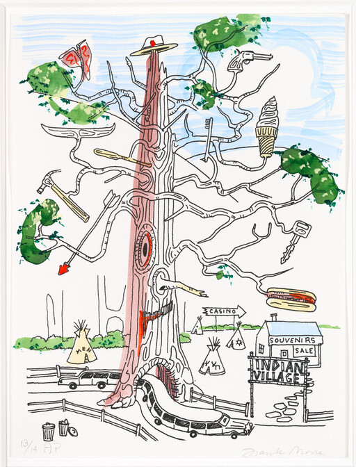 A large tree with many objects hanging from branches and buses driving through its hollow trunk.