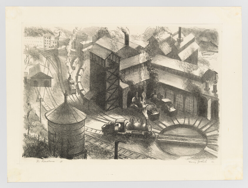 Steam locomotives and workers around a railroad turntable beside industrial buildings with smoke.