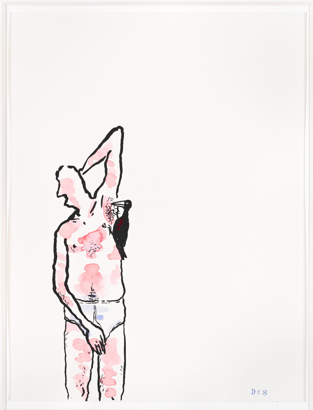 A man in white underwear stretches one arm overhead while a black bird perches on his shoulder.