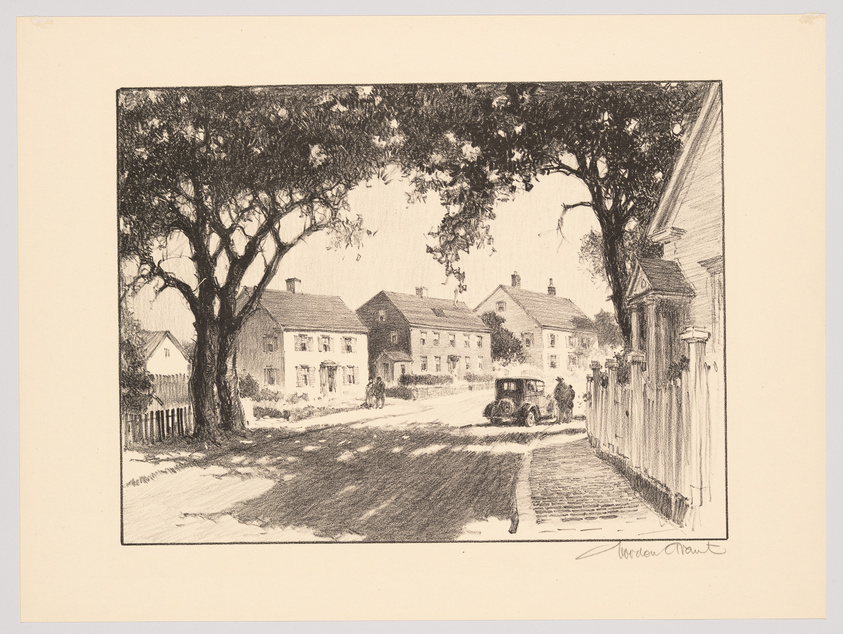 Vintage sketch of a tranquil street scene with trees, houses, a picket fence, and an old-fashioned car parked on the side of the road. The artwork is signed by the artist in the lower right corner.