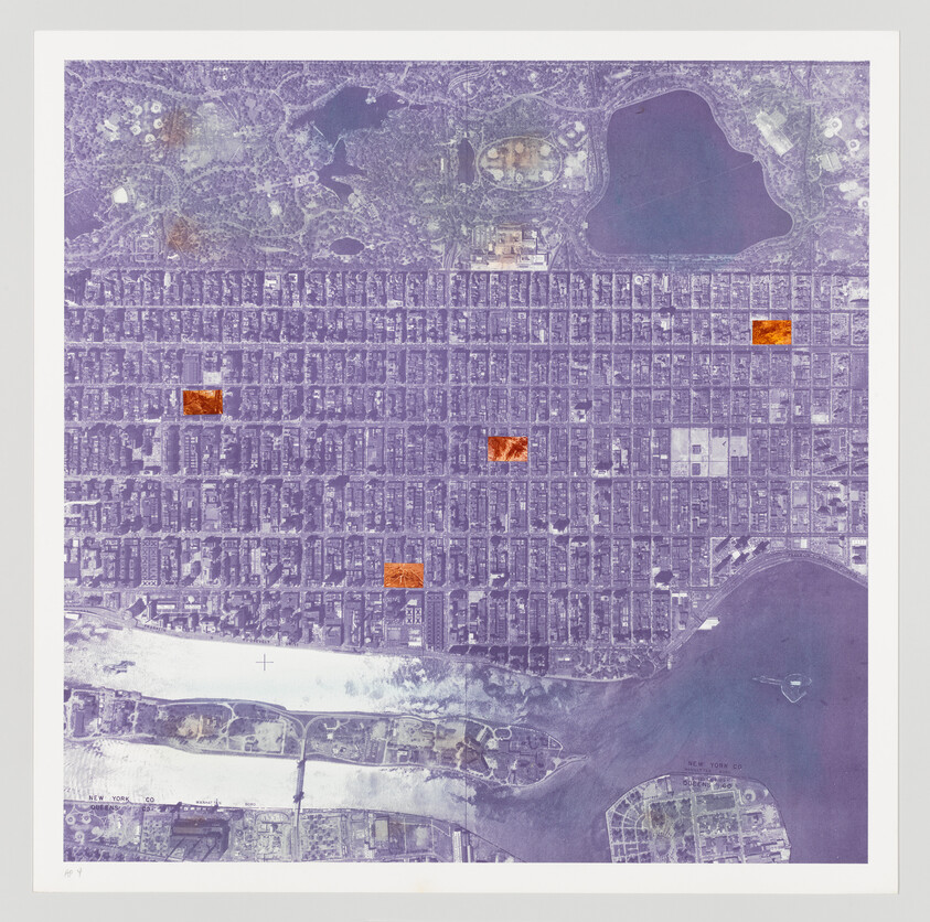 Aerial view of a city grid with purple hue and orange highlights near bodies of water.