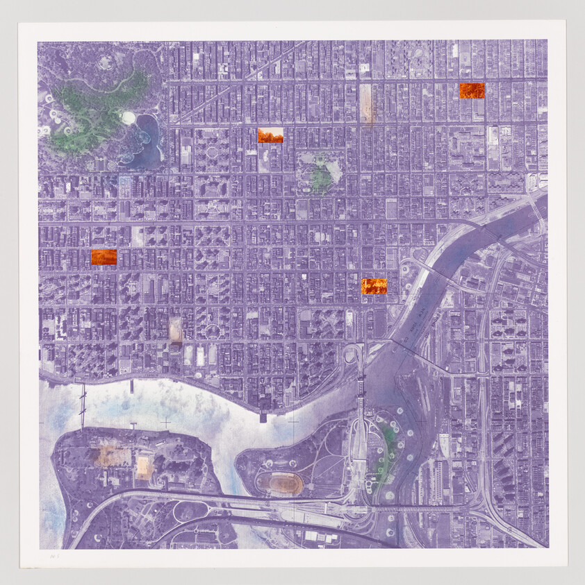 Aerial view of a city grid with purple tint and orange highlights, featuring streets, buildings, and waterways.
