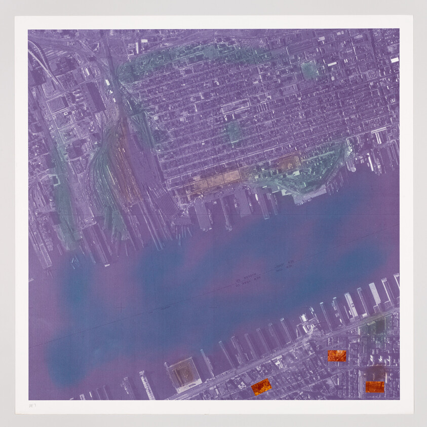 Aerial view of an urban area with a grid layout, showing dense building patterns and streets, intersected by a large body of water with docks and piers. The image has a purple hue overlay with some areas highlighted in orange.
