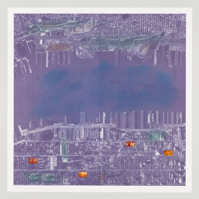 Overhead view of a city grid with purple hues and orange highlights, possibly an artistic map or altered image.