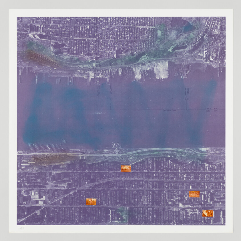 Abstract aerial-view print of a city with purple hues and orange accents.