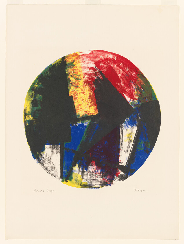 Abstract circular painting with bold red, blue, yellow, green, and black brushstrokes.