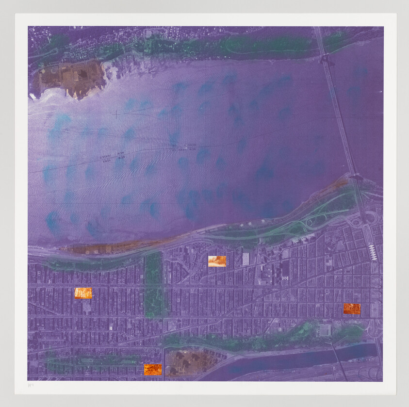 Aerial map of a lakeshore neighborhood with a purple overlay and orange highlighted blocks.