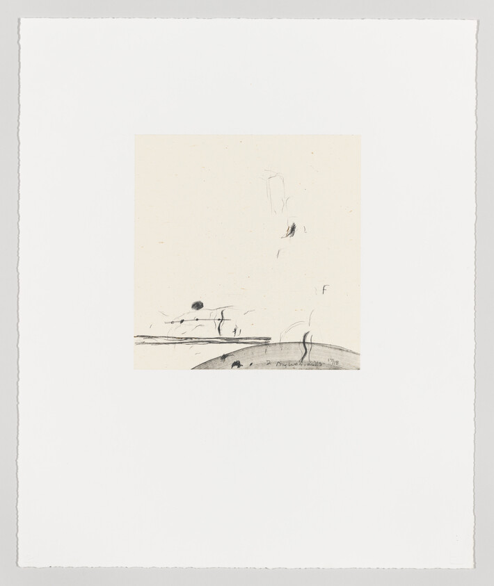 Minimal pencil sketch centered on a large white page showing a simple horizon and small marks.