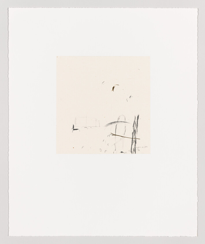 Minimal abstract sketch with faint pencil and ink marks concentrated in the center of a white sheet.