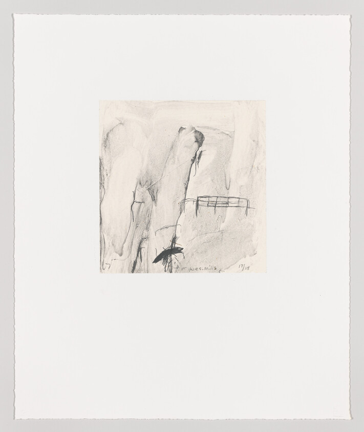 Small charcoal sketch of rocky cliffs with a railing and a solitary dark bird-like mark.