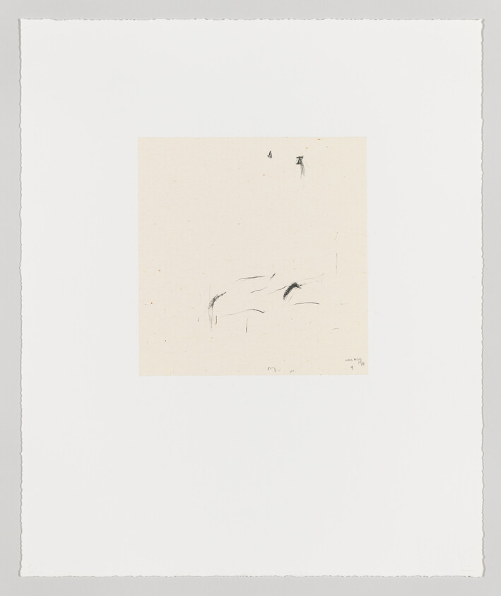 Minimalist sketch with sparse black ink strokes centered on a cream square.