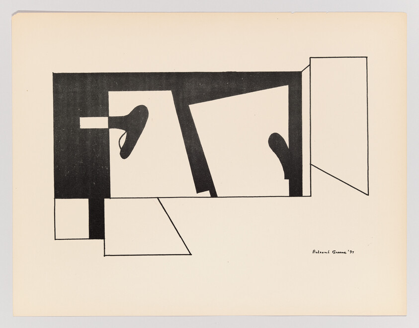 Black-and-white abstract geometric shapes suggest an interior space with angled panels and dark cutouts.