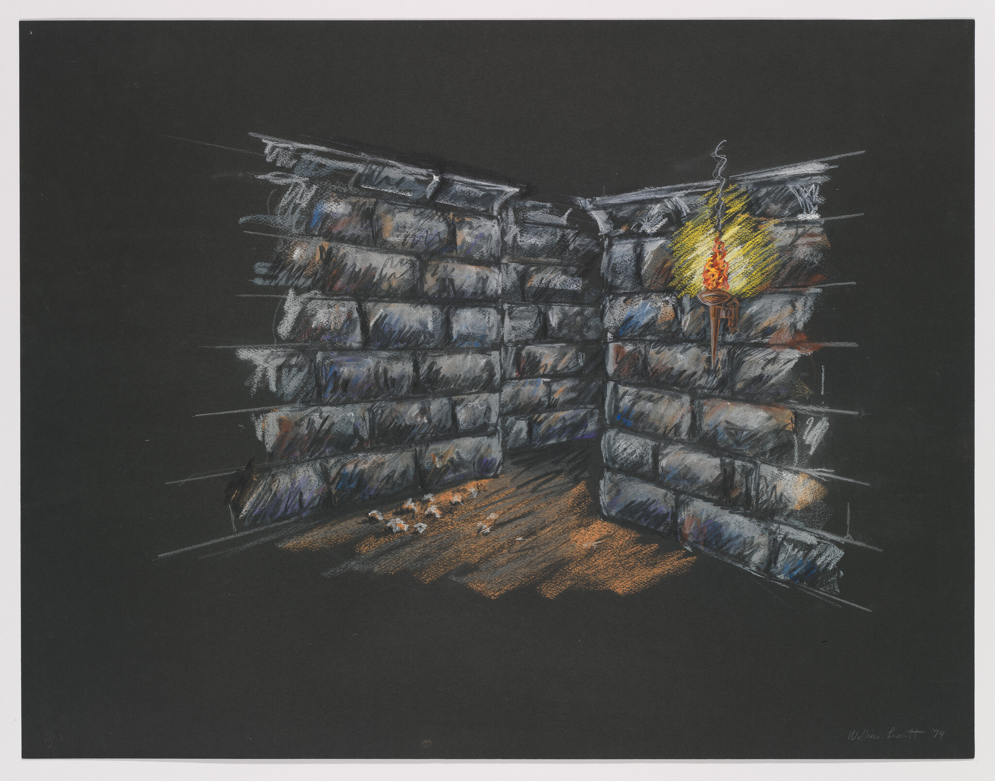 Stone corner room illuminated by a single wall torch casting warm light and scattered ashes.