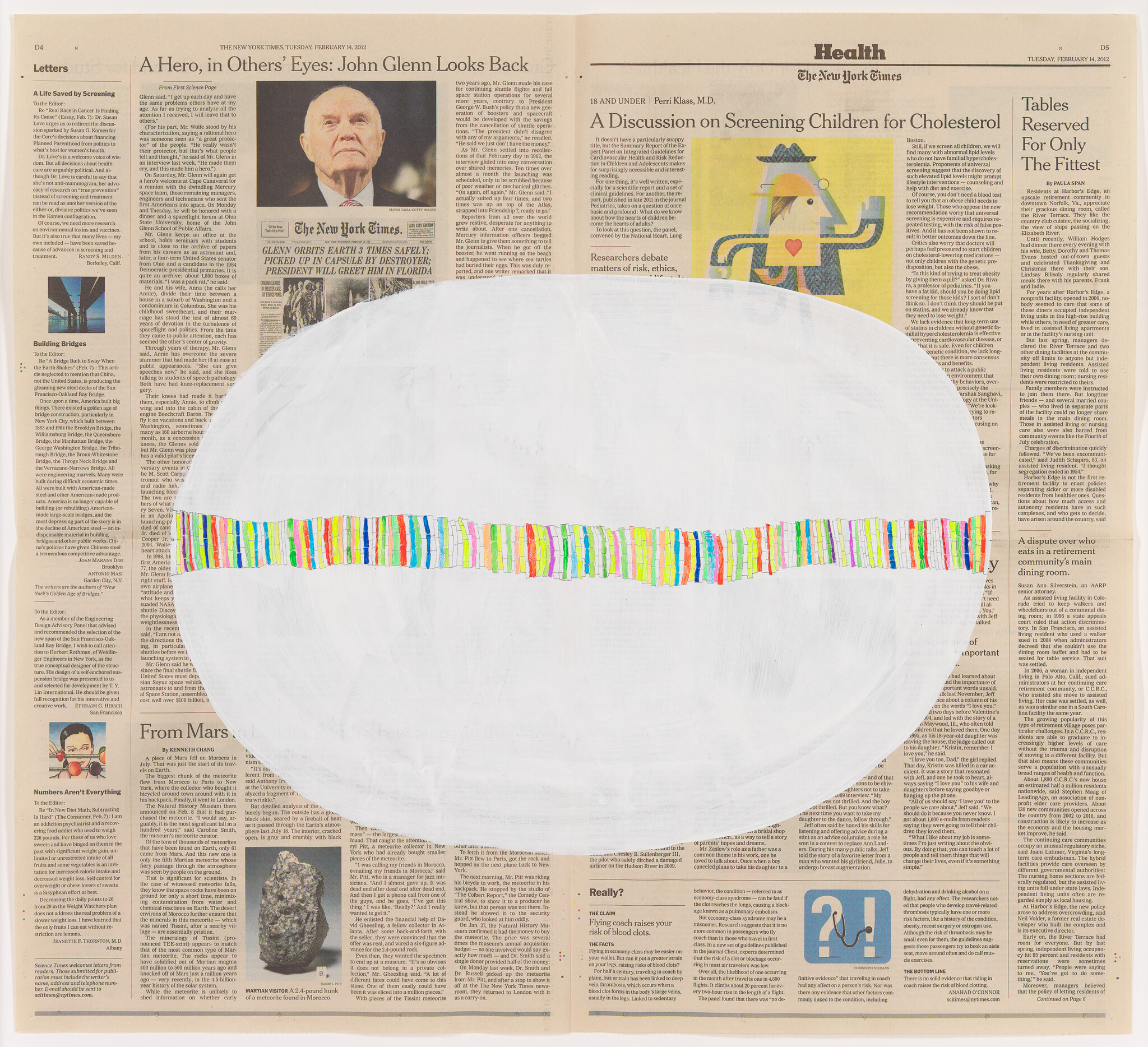 Large white oval painted over a newspaper with a thin colorful strip running across its center.