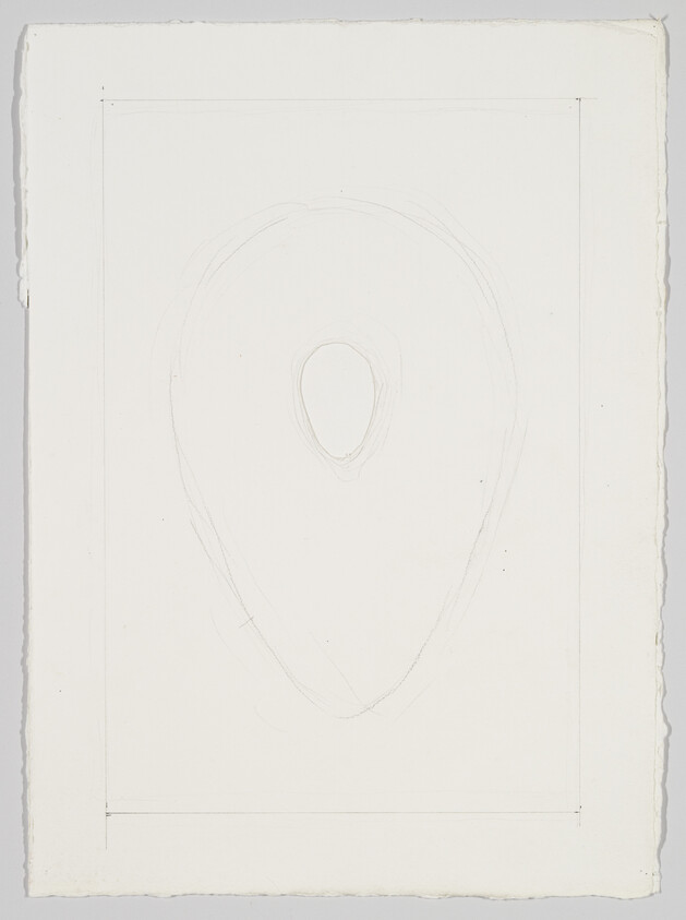 Faint pencil sketch of a large map pin shape centered on textured sheet with hand-drawn border.