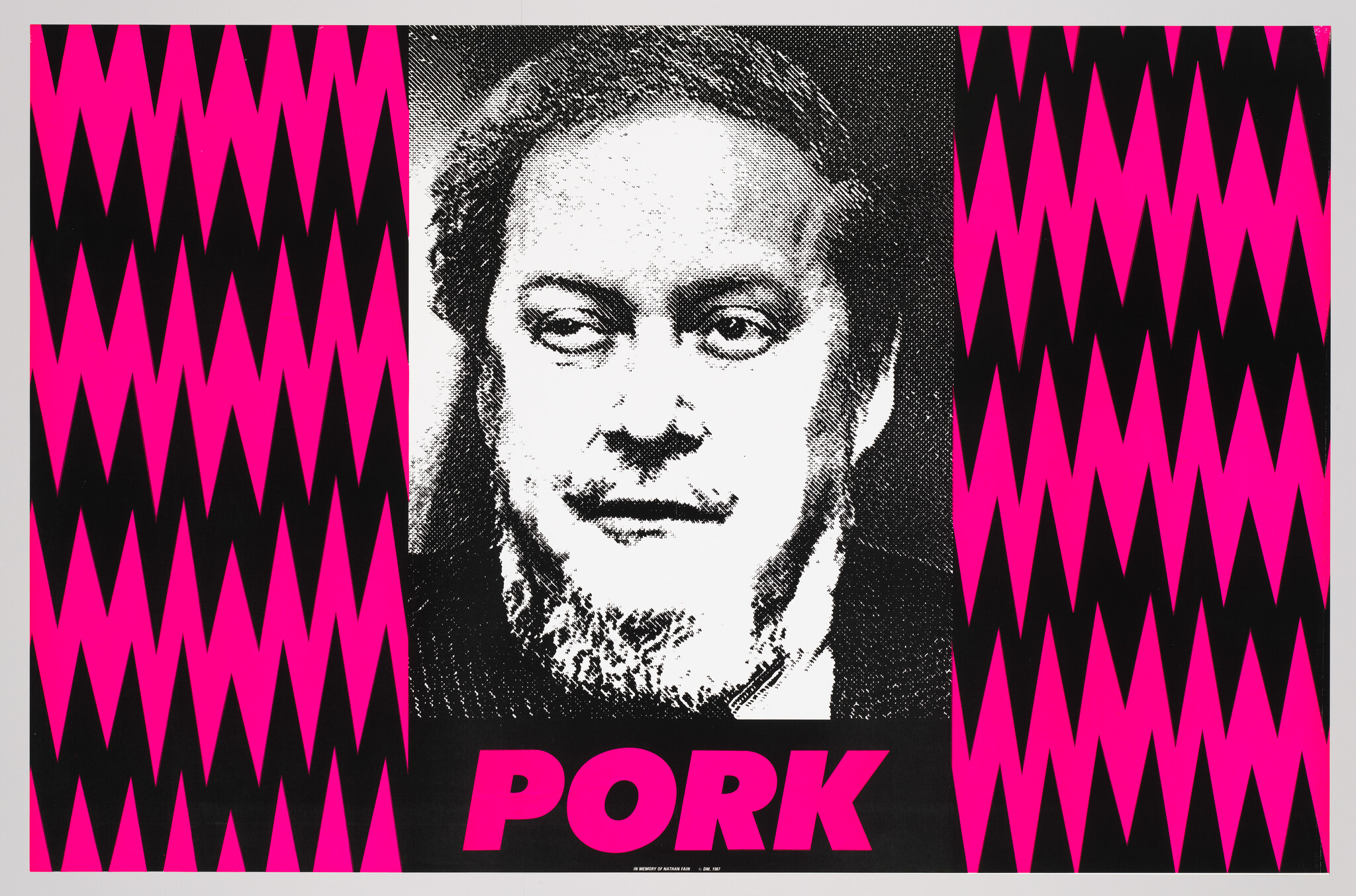 Black-and-white portrait of a man with beard centered between pink zigzag panels labeled "PORK".