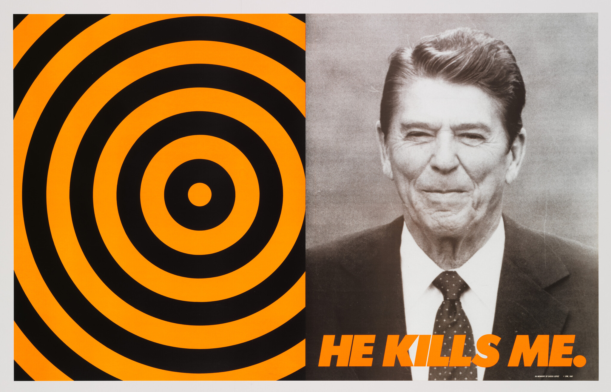 A graphic poster featuring a black and white photograph of a smiling man in a suit on the right, with a large, orange and black concentric circle target design on the left. Below the man's image, bold orange text reads "HE KILLS ME."