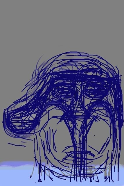 A rough blue scribbled face with a cap and long hair against a gray background.