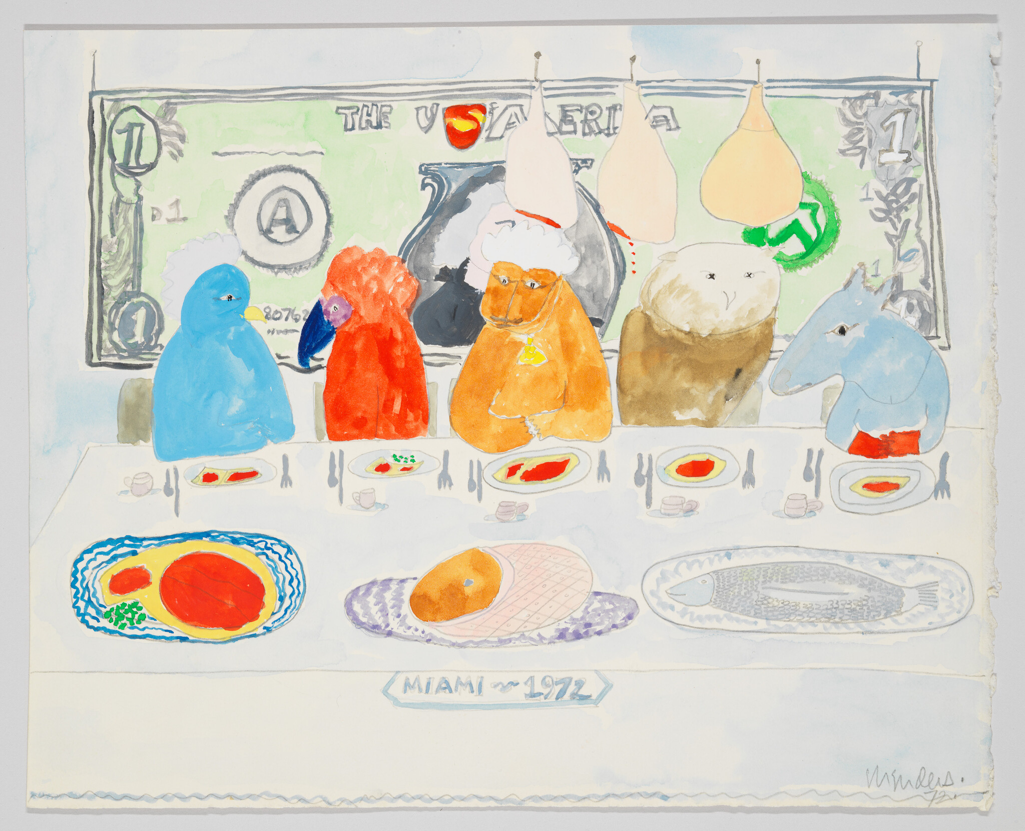 Anthropomorphic animals sit at a dining table with a large dollar-bill backdrop labeled "Miami 1972".