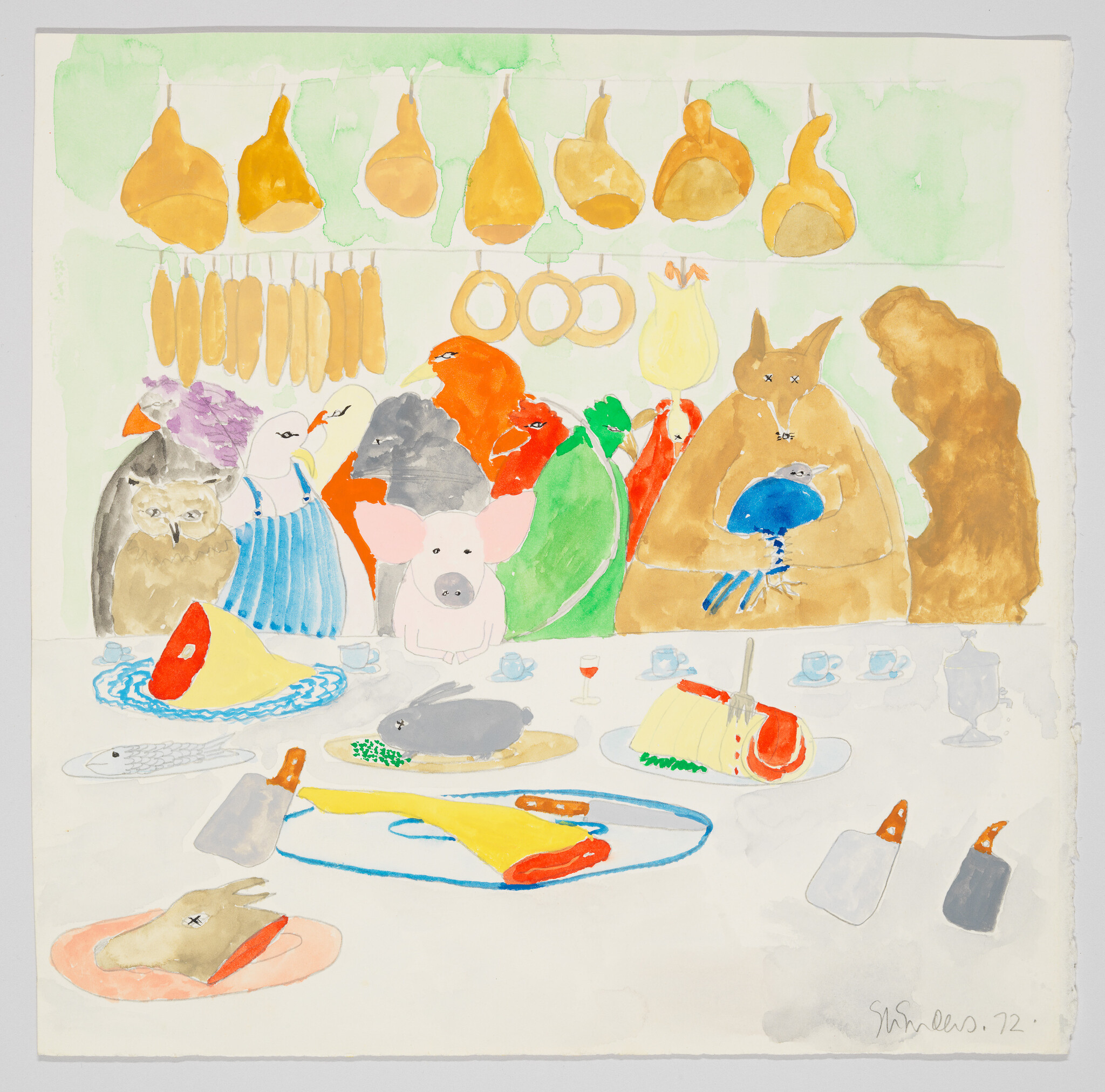 A group of colorful animals sits behind a table with various meats and dishes.