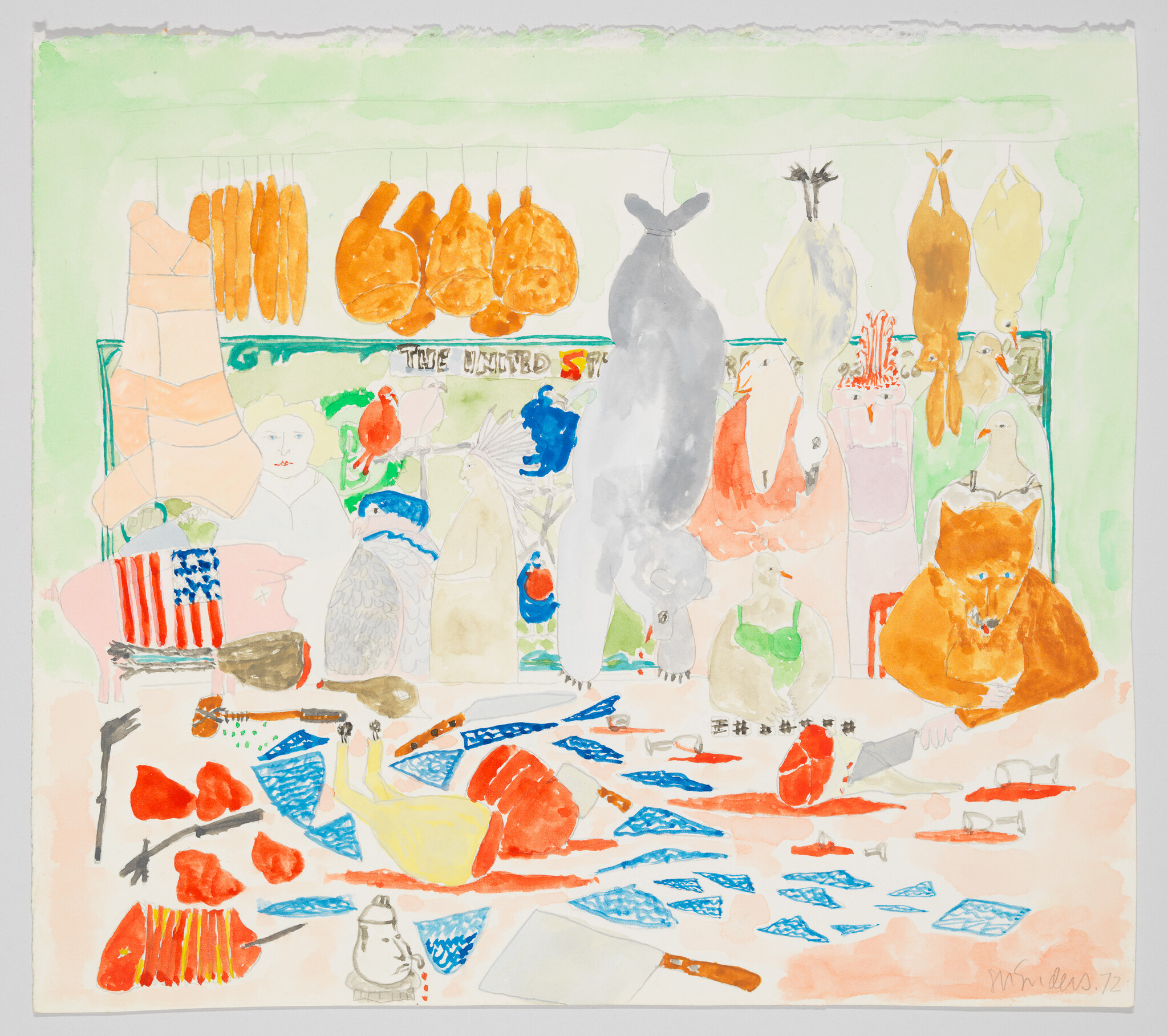 A butcher bear chops meat at a counter surrounded by hanging carcasses and scattered fish.