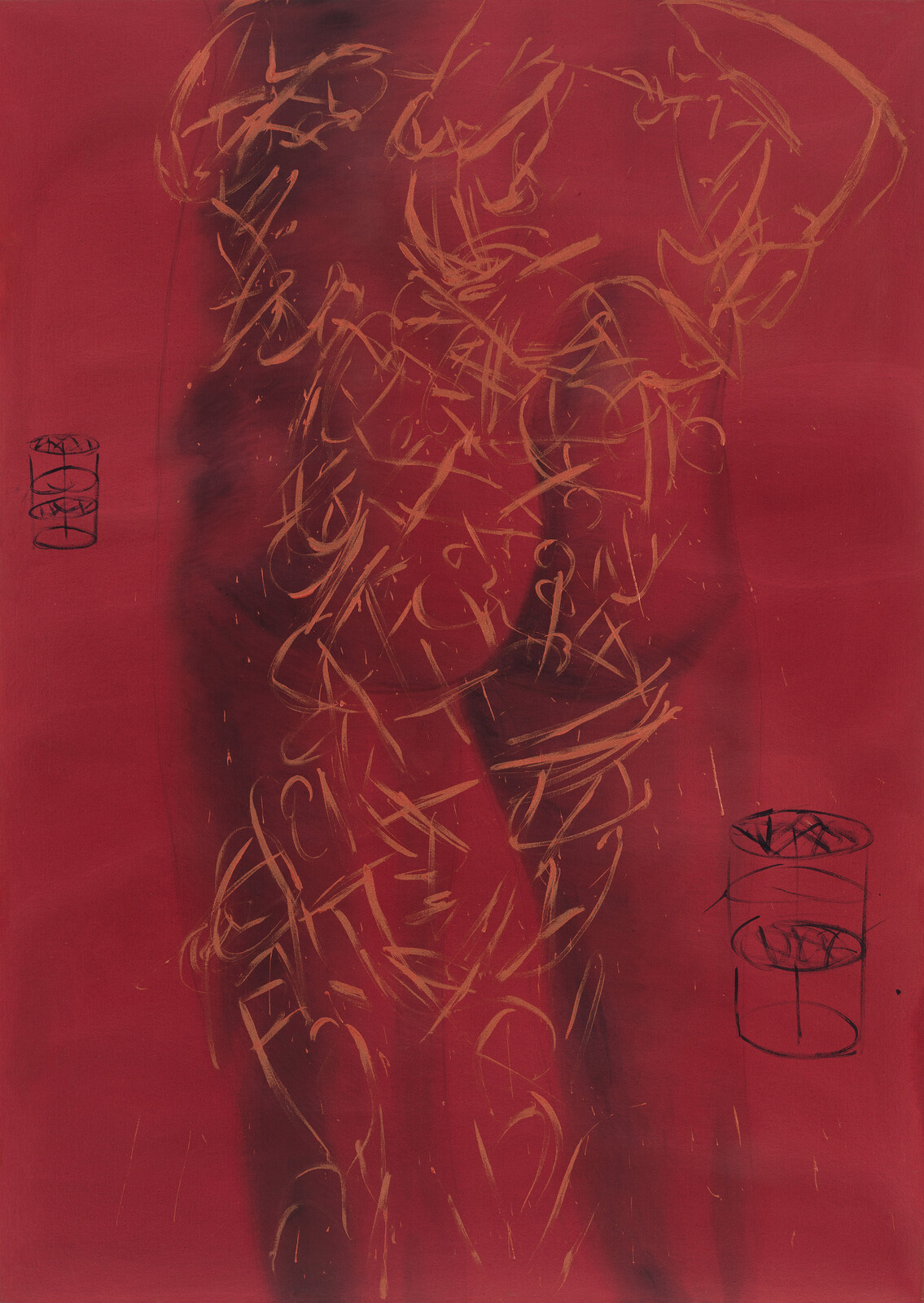 Nude torso sketched with orange scribbles on a deep red background, with two small cylinder drawings.
