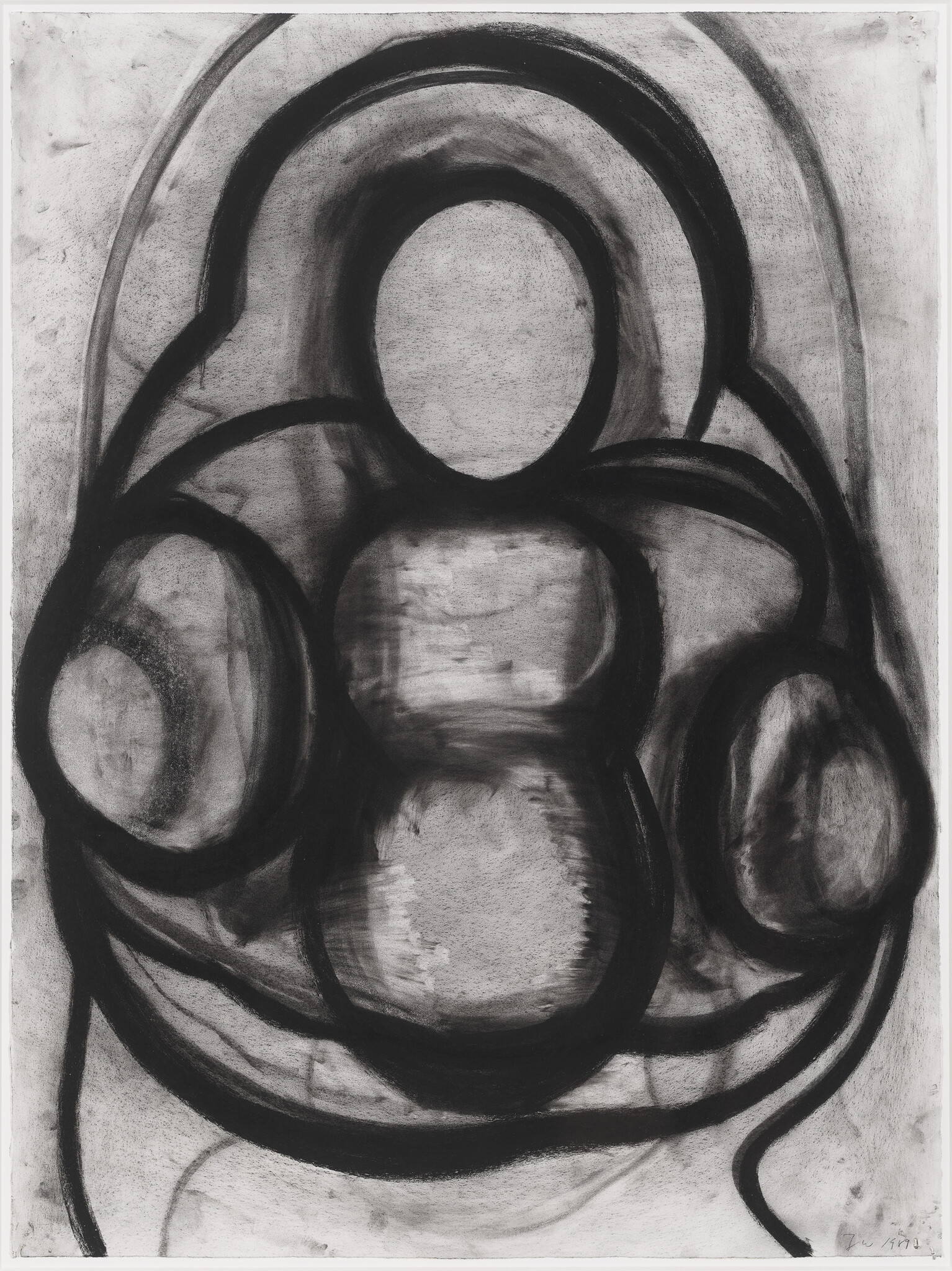 A monochromatic abstract drawing featuring bold, swirling lines and shapes in various shades of black and gray on a white background. The composition is dominated by circular forms and curving lines that create a sense of movement and depth.