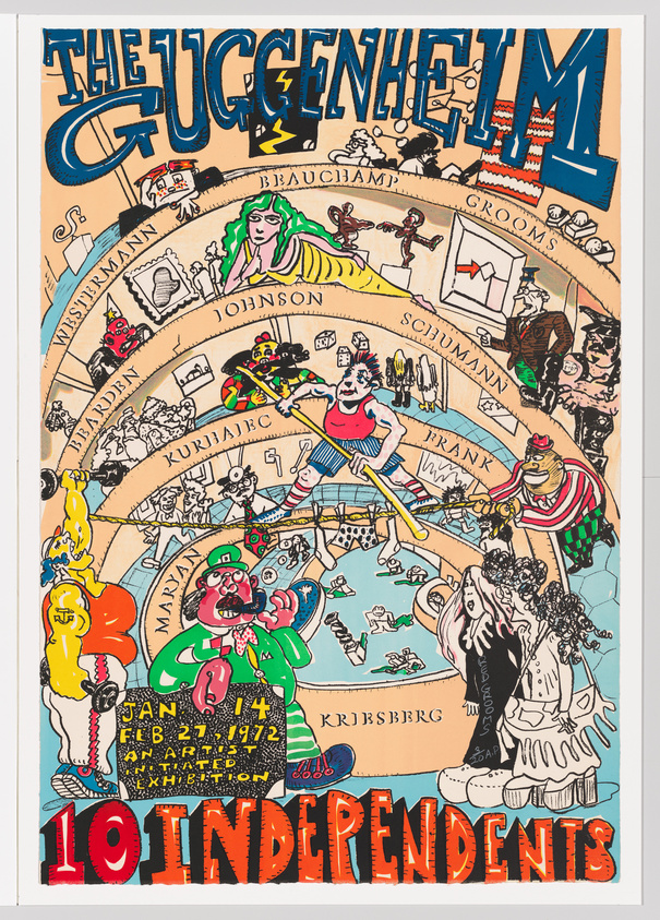 Colorful poster for an art exhibition titled "The Guggenheim" featuring a whimsical, cartoonish illustration. The artwork is arranged in a semi-circular fashion with the name "Guggenheim" dominating the top half in large, bold letters. Various caricatured figures, including clowns and abstract characters, are depicted engaging in artistic activities and performances. Names of artists or contributors are interspersed throughout the design. The bottom of the poster announces "10 Independents" with the exhibition dates "Jan 14 - Feb 27, 1972" prominently displayed. The overall style is playful and vibrant, suggesting a lively and unconventional art event.