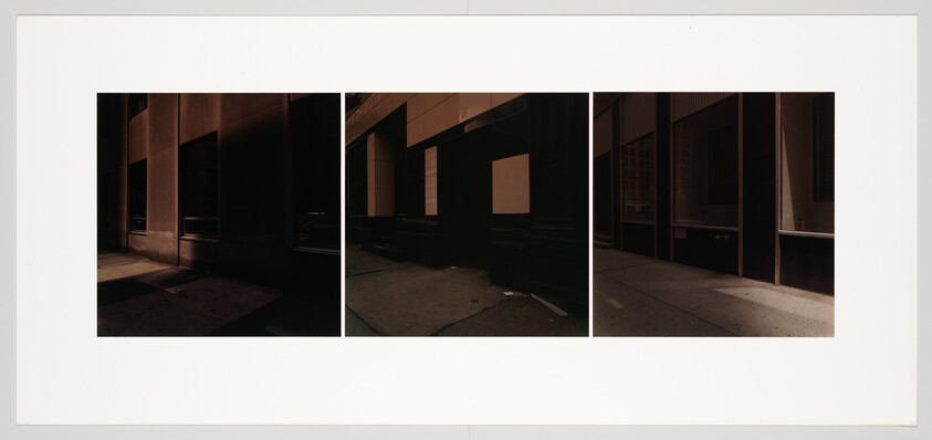 Three dark panels showing empty storefronts and shadowed sidewalks under evening light.