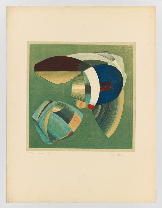 Three colorful abstract rounded shapes with layered stripes on a muted green square.