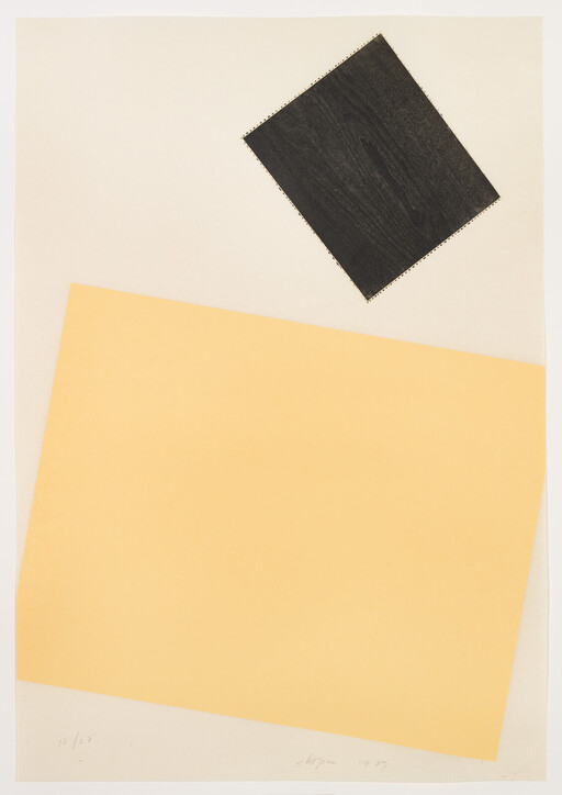 A large tilted pale orange rectangle dominates the lower page with a rotated black square above.
