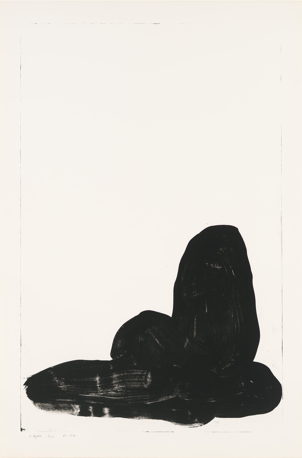 Abstract black shape on a white background, resembling a seated figure or rock formation.