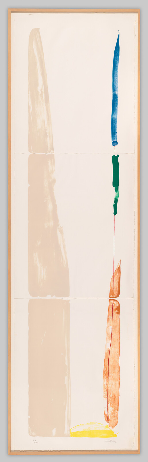 Tall abstract painting with vertical beige, blue, green, and orange brushstrokes connected by a thin red line.