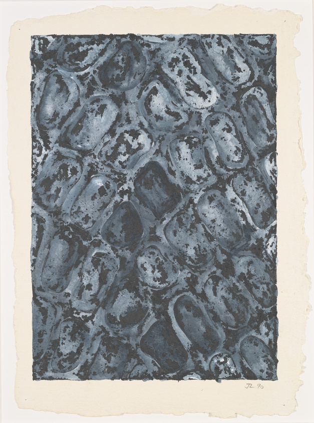 An abstract painting featuring a dense pattern of organic, pebble-like shapes in various shades of gray and black, set against a textured, off-white paper background. The artwork is signed and dated in the bottom right corner.