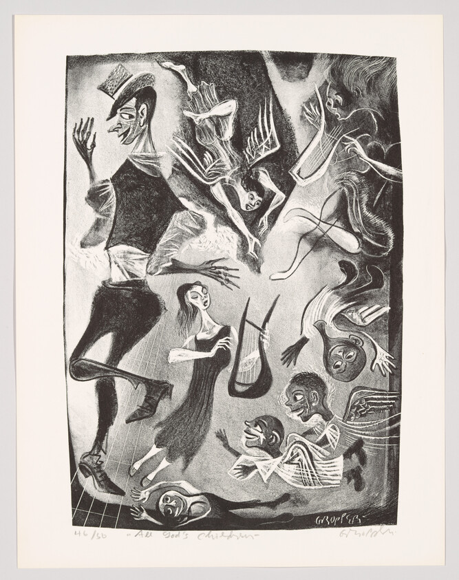 A black and white lithograph titled "All God's Chillun" featuring stylized figures that appear to be dancing or in motion. The central figure is a man in a top hat with exaggerated features, surrounded by other characters with elongated limbs and expressive postures. Some figures are playing musical instruments, and the overall composition conveys a sense of dynamic movement and rhythm. The image is numbered 46/150 and signed by the artist in the lower margin.