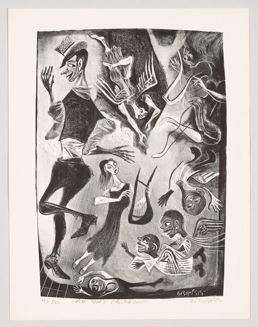 Dancers and floating figures whirl around a woman holding a lyre in a surreal scene.