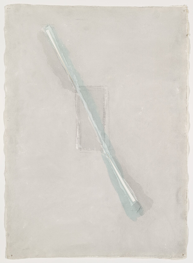 A narrow diagonal pale blue-green brushstroke crosses a light gray sheet with a faint rectangle.