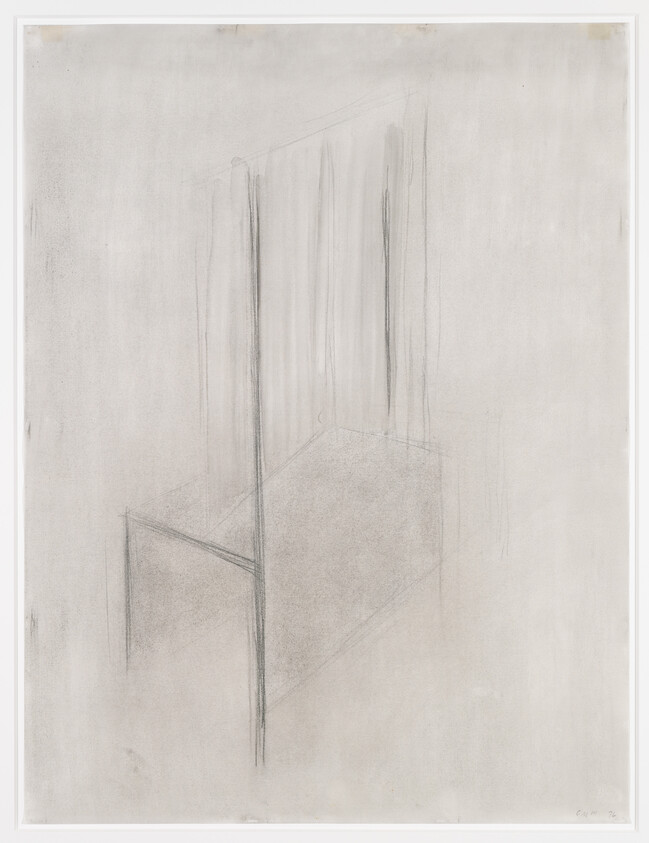 A faint pencil sketch of a simple four-post bed with sheer curtains and soft shading.