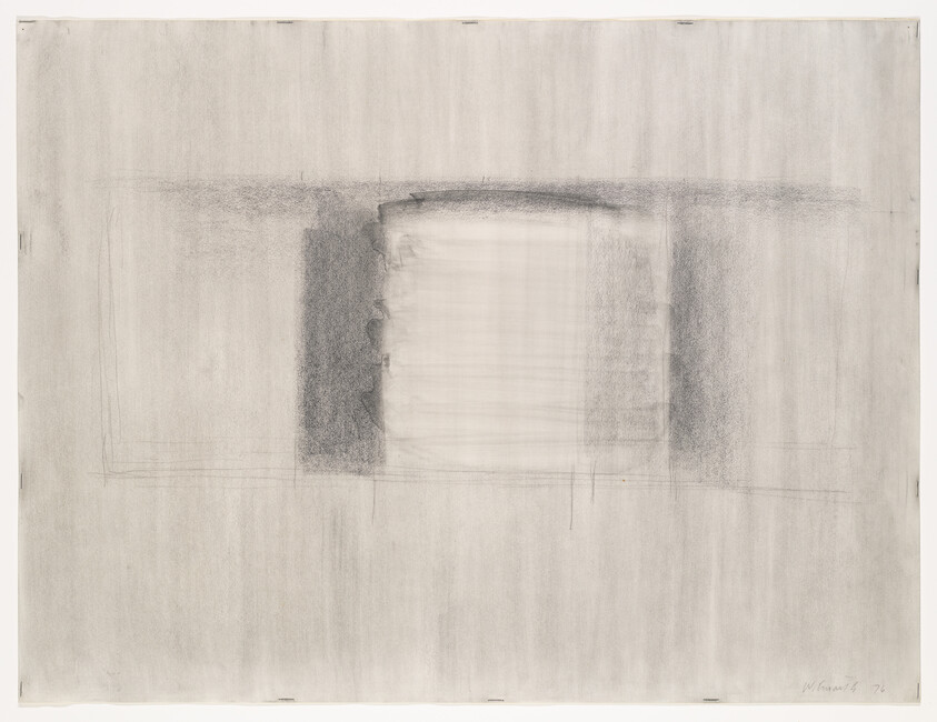 Soft charcoal drawing showing a faint central rectangle flanked by darker vertical bands on paper.