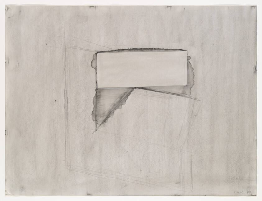 A pencil drawing of a rectangular cutout with a shaded triangular tear on textured paper.